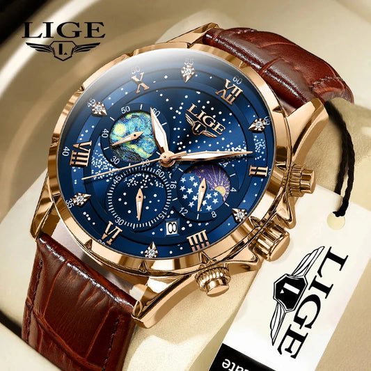 LIGE Men’s Casual Sport Watch – Luxury Waterproof Date Chronograph with Luminous Features & Leather Strap ⌚💧