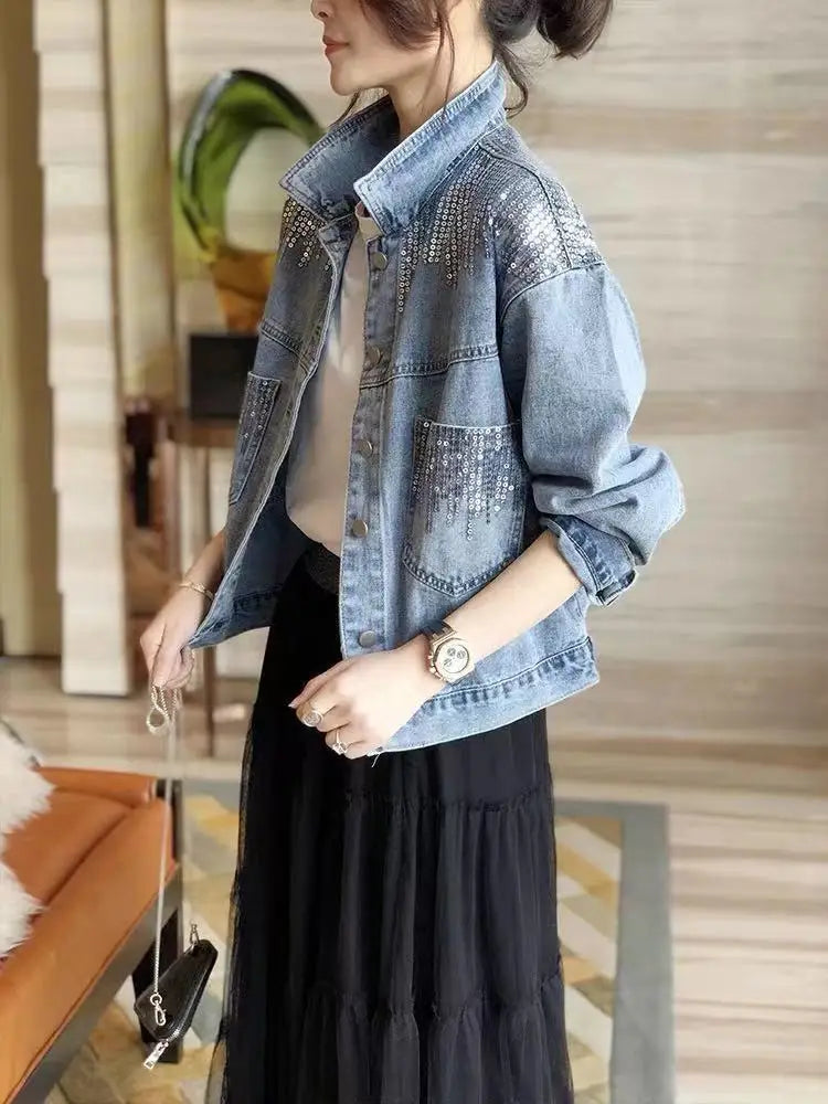 Women's Denim Coat Full Pearls & Beaded Crystal Long Sleeve Jacket 💎