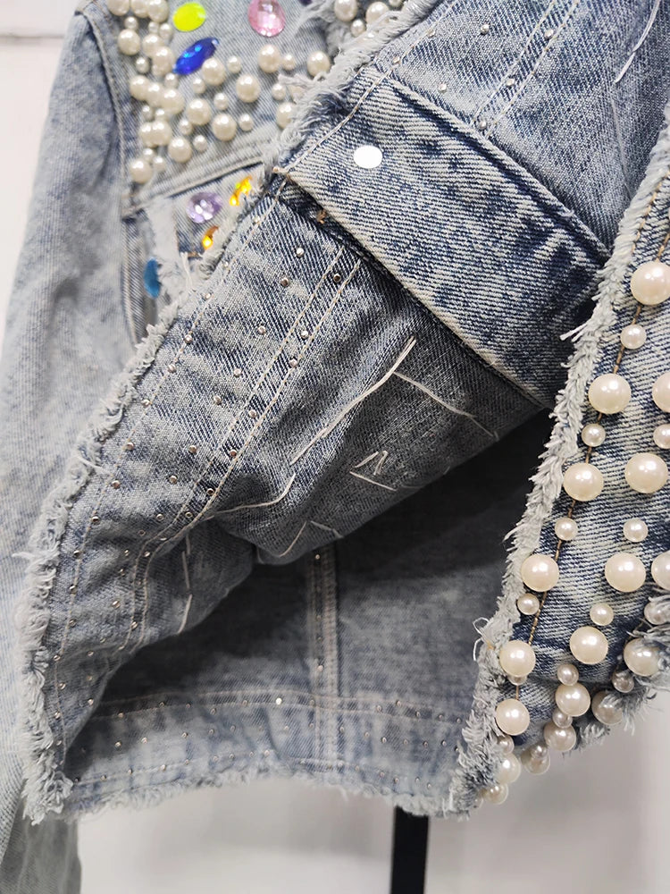 Women's Denim Coat Full Pearls & Beaded Crystal Long Sleeve Jacket 💎