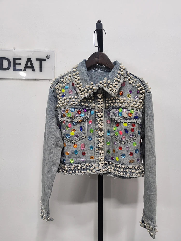 Women's Denim Coat Full Pearls & Beaded Crystal Long Sleeve Jacket 💎