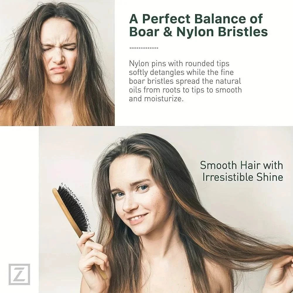 Shop All I Want Shop All I Want 💆‍♀️ Natural Boar Bristle Hair Brush – Bamboo Handle, Anti-Static, Scalp Massage & Detangling Styling Tool 🌟