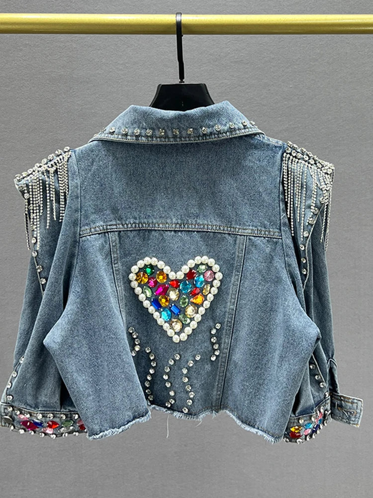 Colorful Diamond Denim Jacket: Trendy Tassel & Rivet Style! ✨