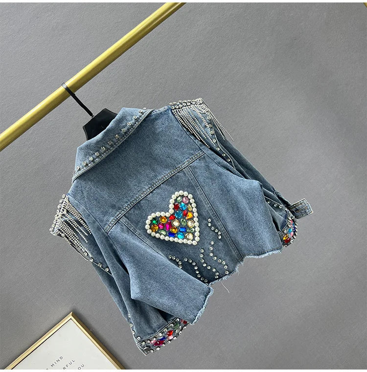 Colorful Diamond Denim Jacket: Trendy Tassel & Rivet Style! ✨