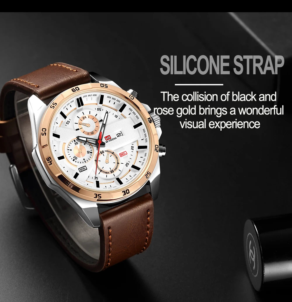 Men’s Sports Style Watch – 46mm Large Leather Racing Quartz Watch with Calendar Function in Black and Rose Gold 🌟⌚