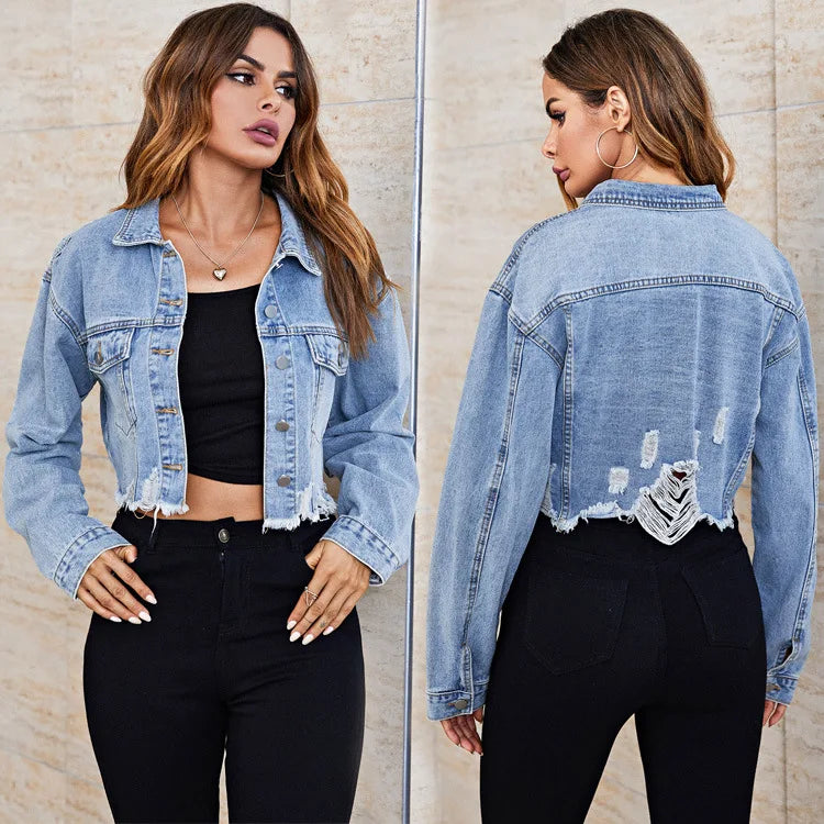 Casual Women’s Torn Denim Jacket – European & American Street Fashion Style 🇪🇺🇺🇸