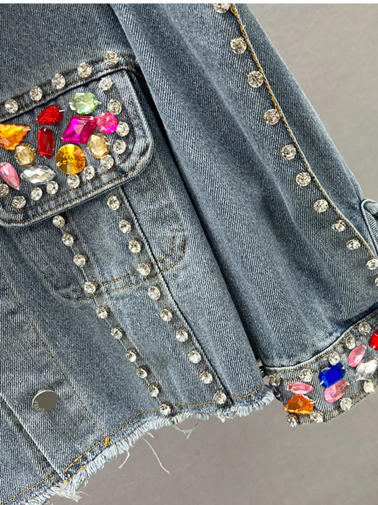 Colorful Diamond Denim Jacket: Trendy Tassel & Rivet Style! ✨