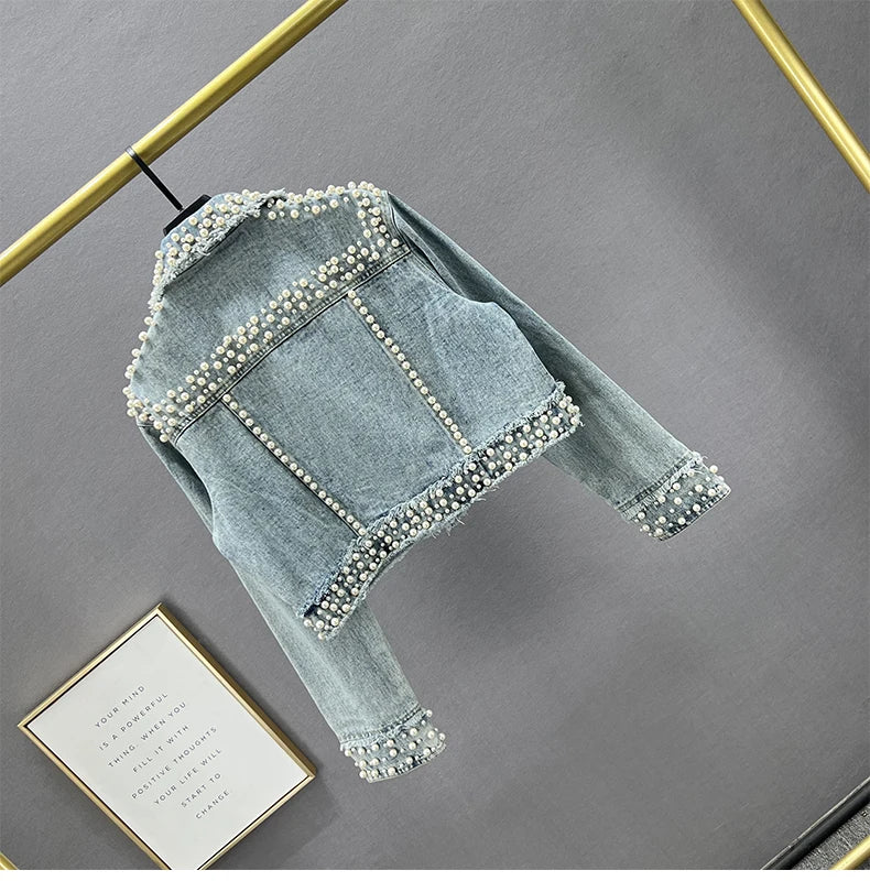 Women's Denim Coat Full Pearls & Beaded Crystal Long Sleeve Jacket 💎