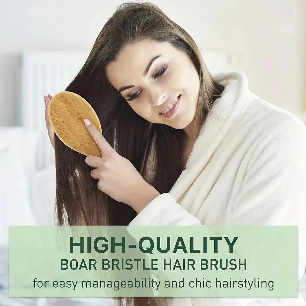 Shop All I Want Shop All I Want 💆‍♀️ Natural Boar Bristle Hair Brush – Bamboo Handle, Anti-Static, Scalp Massage & Detangling Styling Tool 🌟