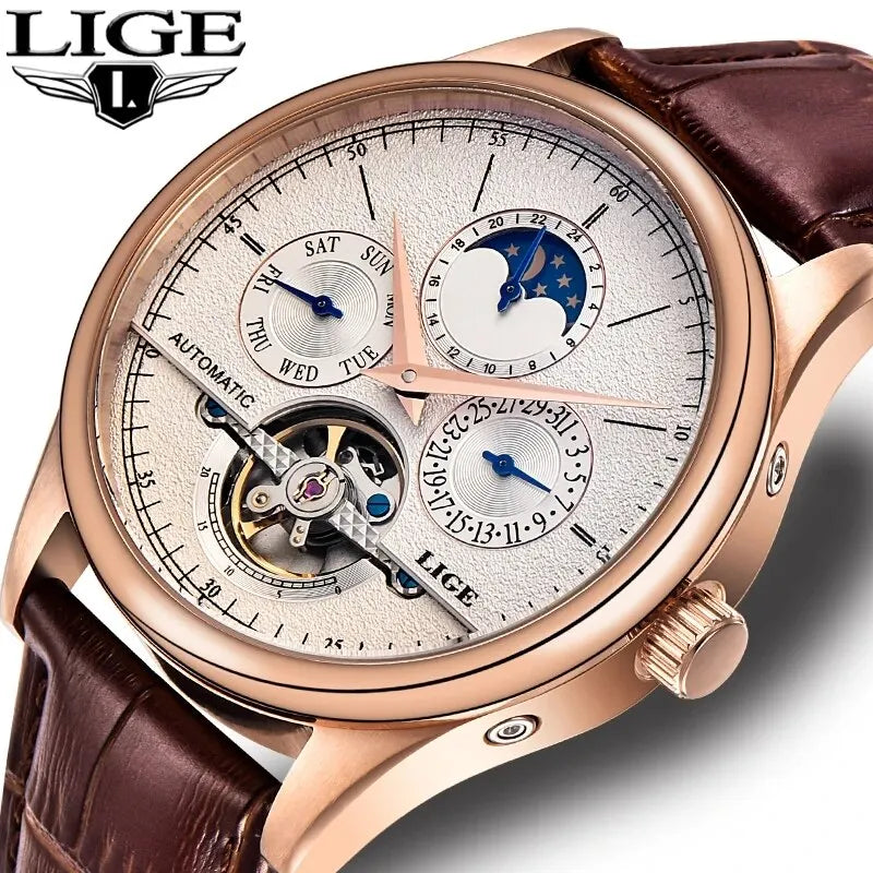 LIGE Men’s Automatic Mechanical Watch – Tourbillon Clock with Genuine Leather Strap, Waterproof Military Wristwatch ⌚🌟