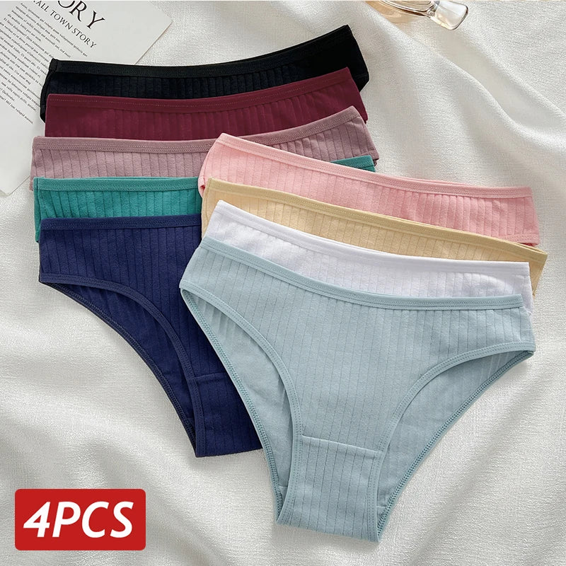 4PCS Cotton Panties Set | Sexy Low Rise Ribbed Underwear for Women 🌸