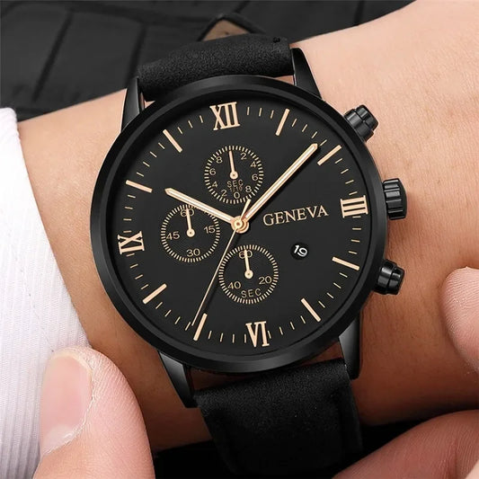 Men’s Black Quartz Watch | Fashion Round Roman Dial Sports Watch ⌚