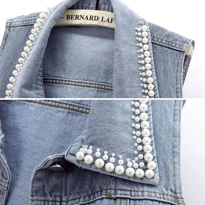 Women's Slim Denim Waistcoat – Beaded Pearls Spring Vibes ✨👖