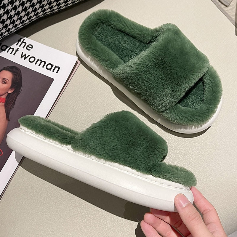 Shop All I Want green / 36-37(fit 35-36) SHOP ALL I WANT Thick Fluffy Fur Slippers