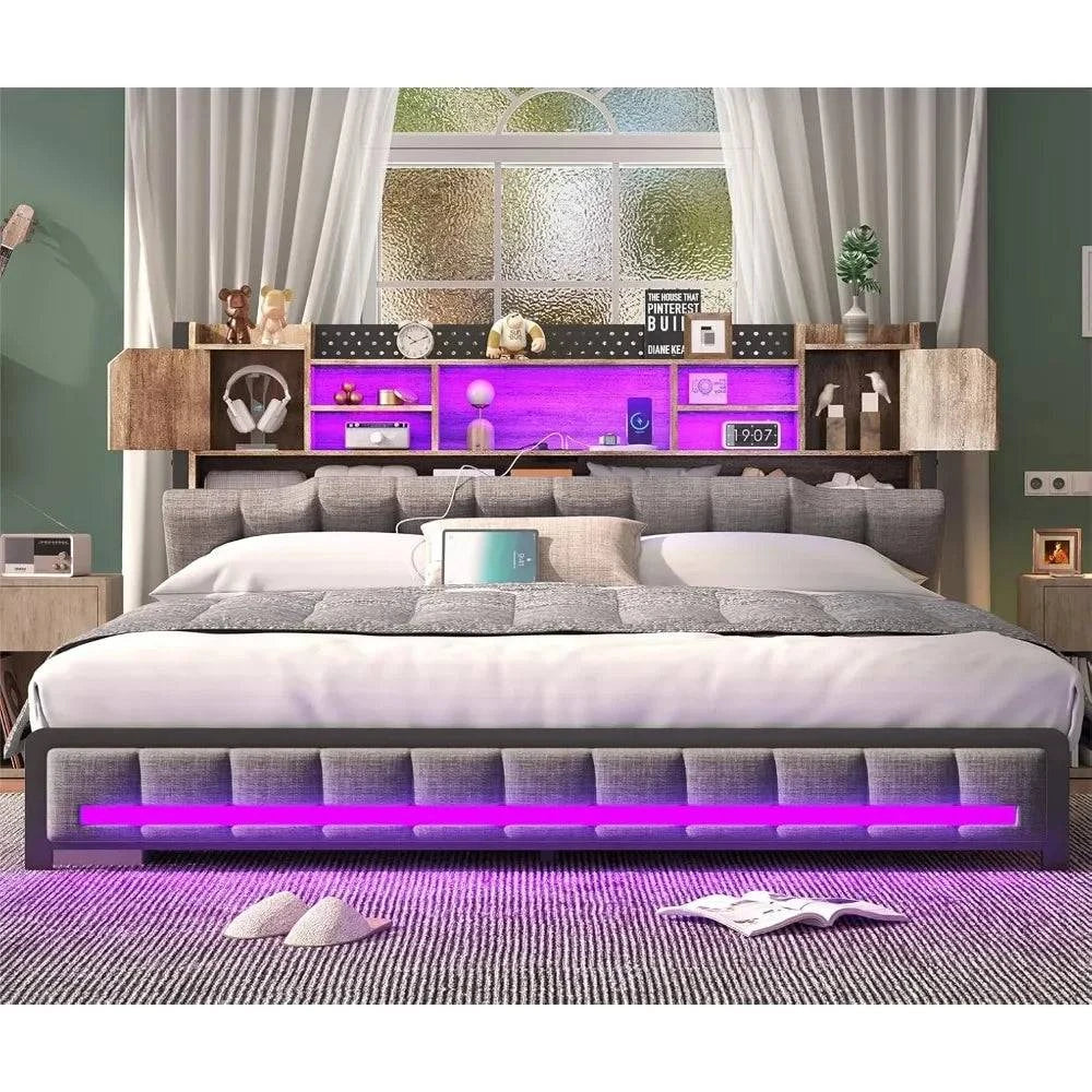 Bed Frame with 3-Tier Headboard, 2 Hidden Storage LED Lights & PlatforTransform your bedroom with this sleek bed frame featuring a 3-tier headboard for ample storage and a modern design. With built-in LED lights, you can easily create Shop All I WantShop All I WantBed Frame