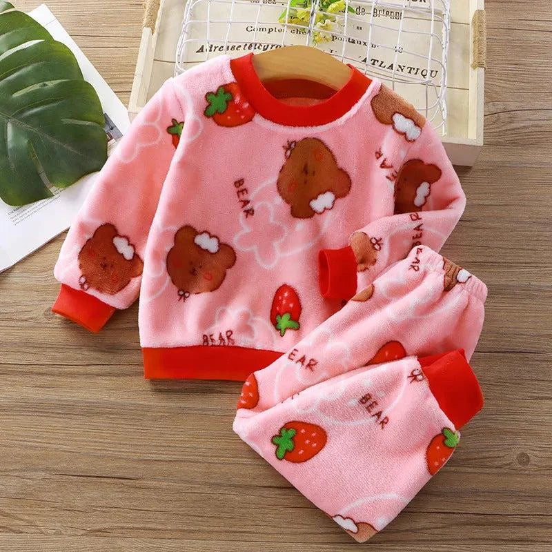 Shop All I Want pink bear / 90 2T SHOP ALL I WANT 👶 Kids Cotton Clothing Set – Autumn/Winter Fleece Top & Pants, Warm Cartoon Outfit for Boys & Girls (1-6 Years) 🌟