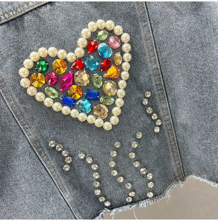 Colorful Diamond Denim Jacket: Trendy Tassel & Rivet Style! ✨