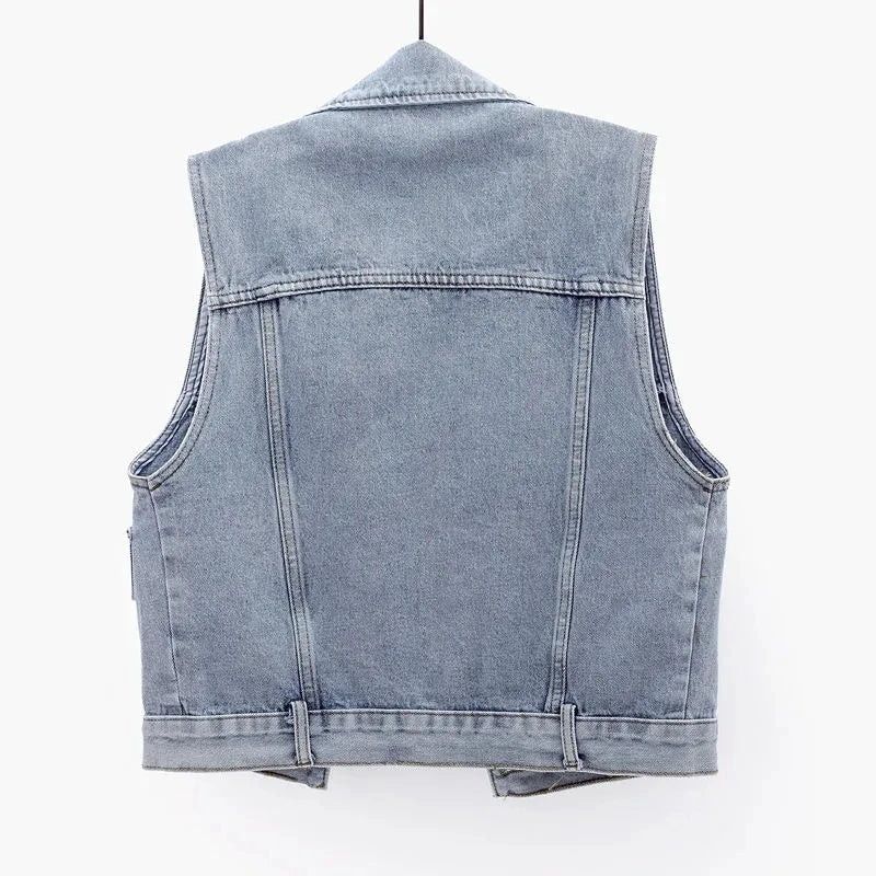 Women's Slim Denim Waistcoat – Beaded Pearls Spring Vibes ✨👖