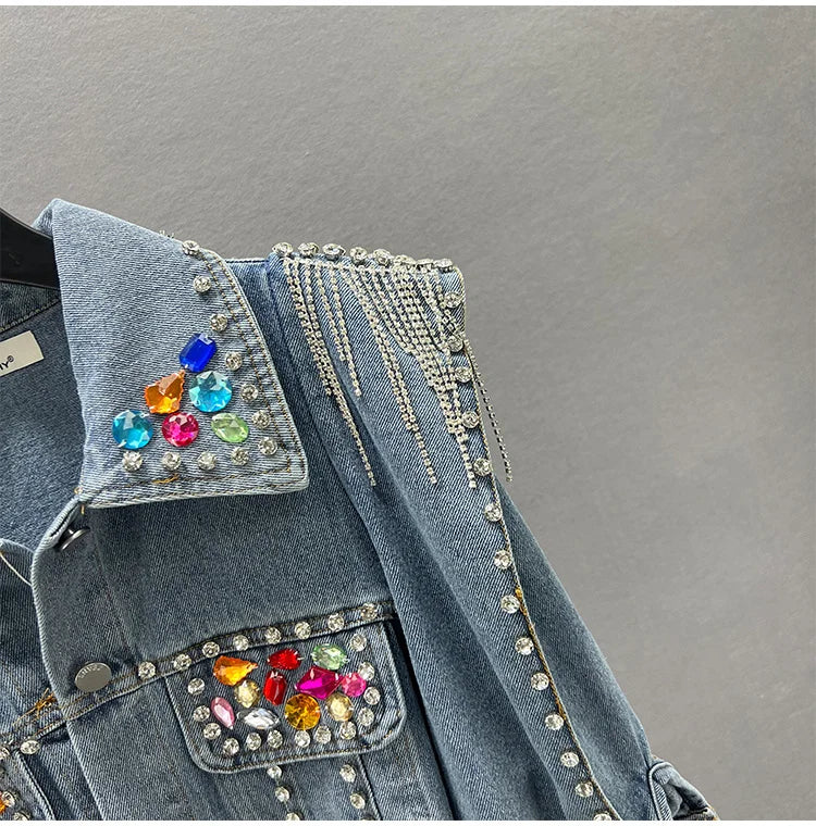 Colorful Diamond Denim Jacket: Trendy Tassel & Rivet Style! ✨