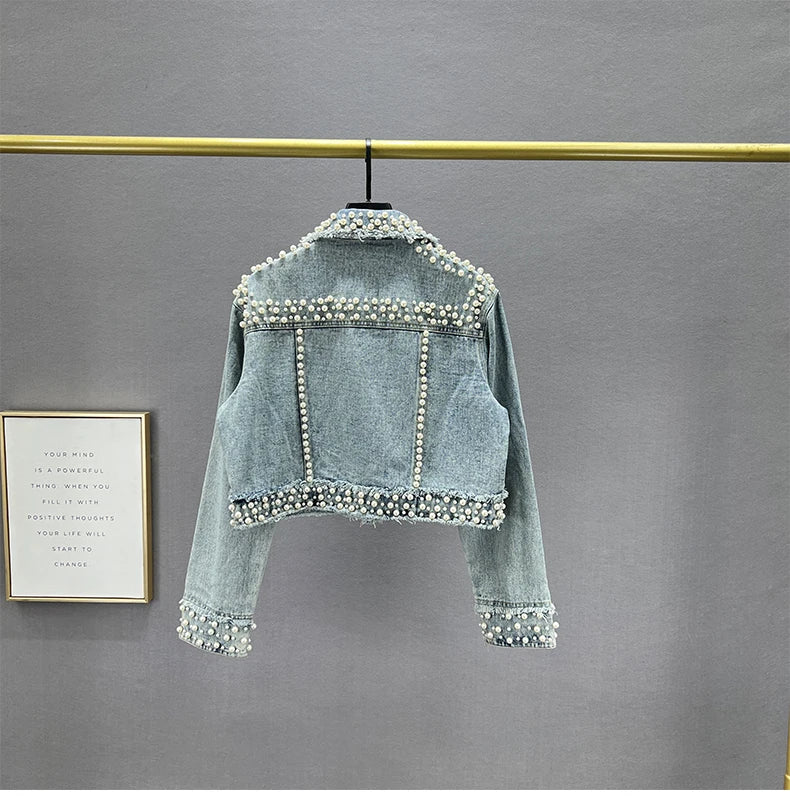 Women's Denim Coat Full Pearls & Beaded Crystal Long Sleeve Jacket 💎