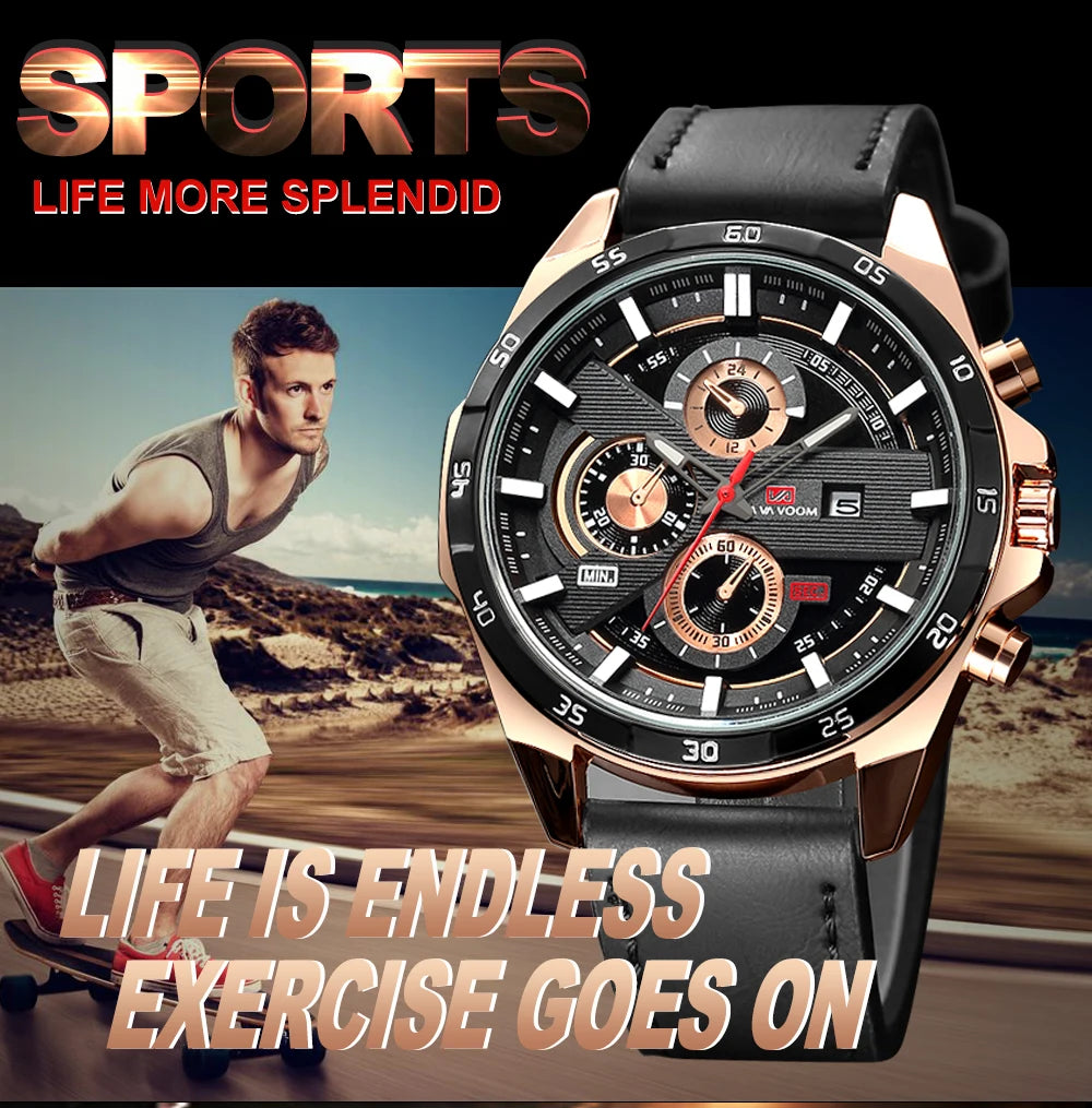 Men’s Sports Style Watch – 46mm Large Leather Racing Quartz Watch with Calendar Function in Black and Rose Gold 🌟⌚