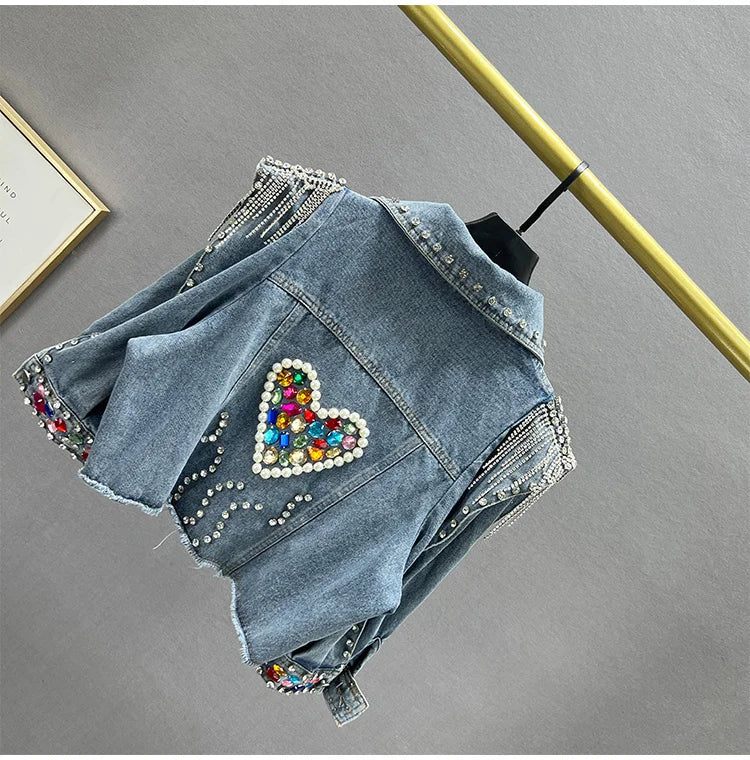 Colorful Diamond Denim Jacket: Trendy Tassel & Rivet Style! ✨