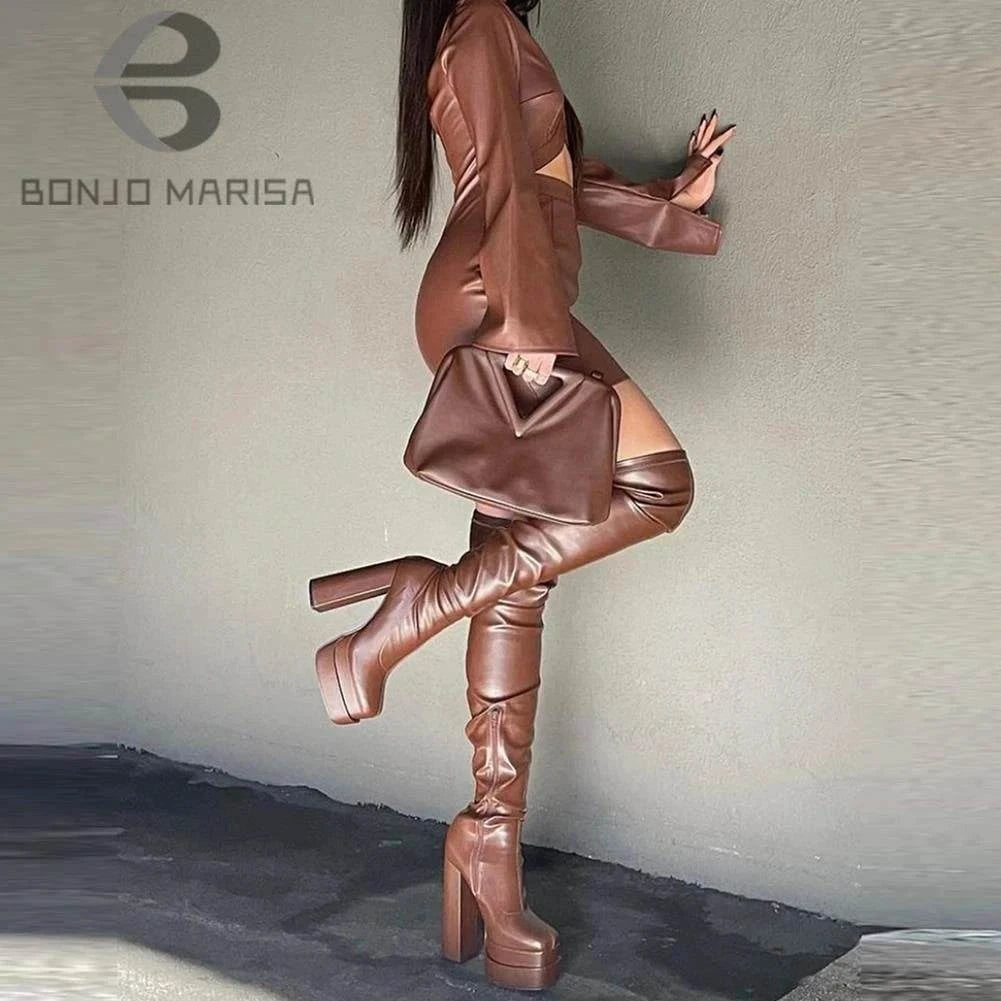 Shop All I Want Brown / 9.5 SHOP ALL I WANT Thigh High Block Heel Boots