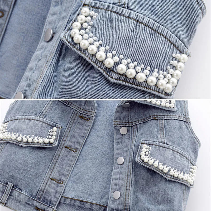 Women's Slim Denim Waistcoat – Beaded Pearls Spring Vibes ✨👖