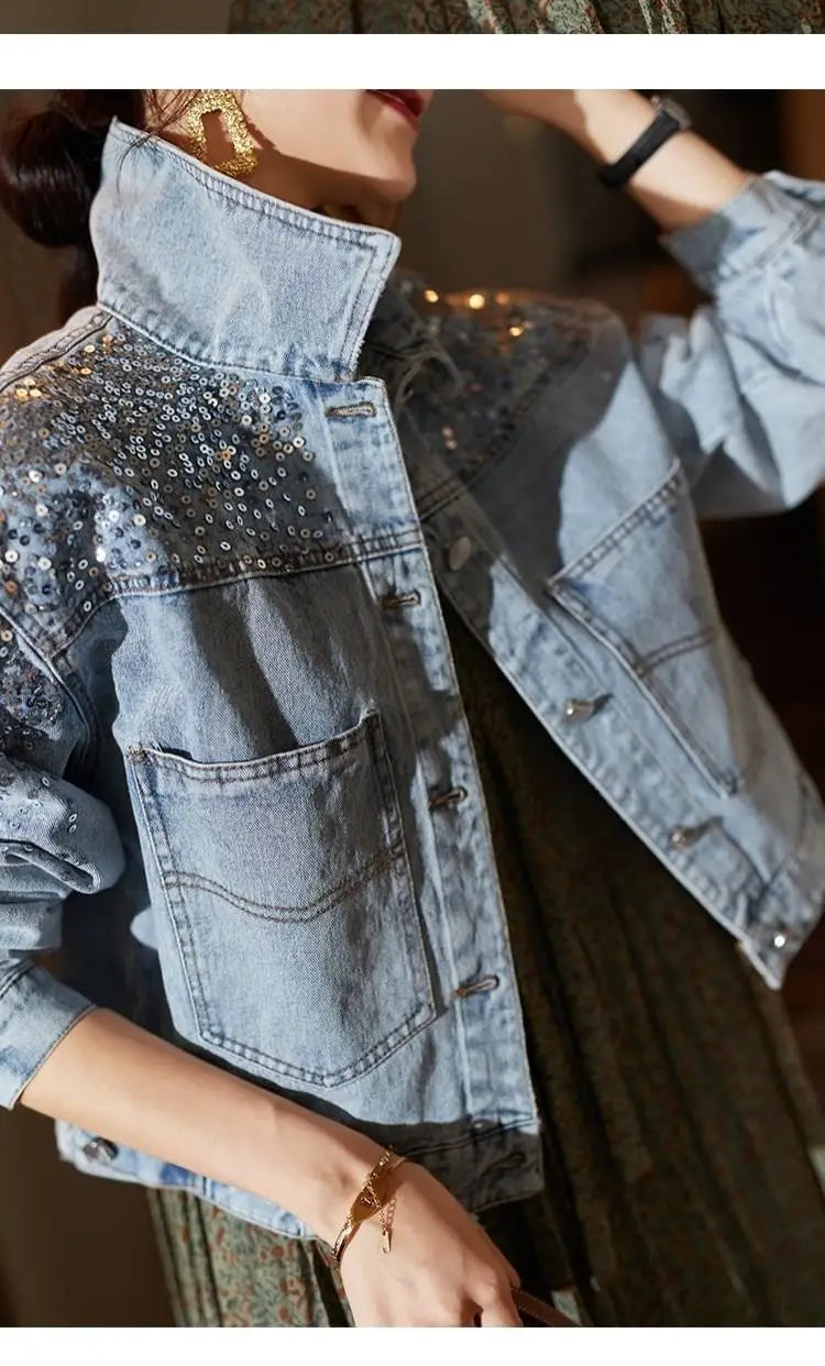 Women's Denim Coat Full Pearls & Beaded Crystal Long Sleeve Jacket 💎