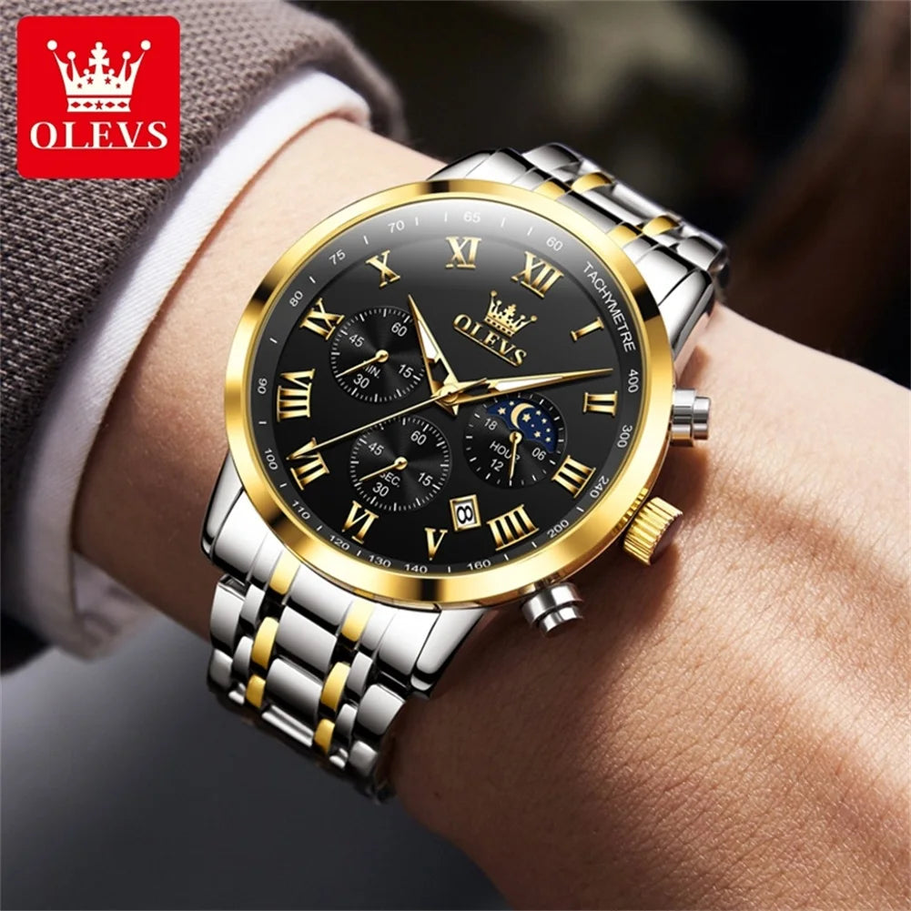 Top Luxury Brand Men's Watch – Waterproof Luminous Stainless Steel Lunar Phase Timing Quartz Watch ⌚🌙