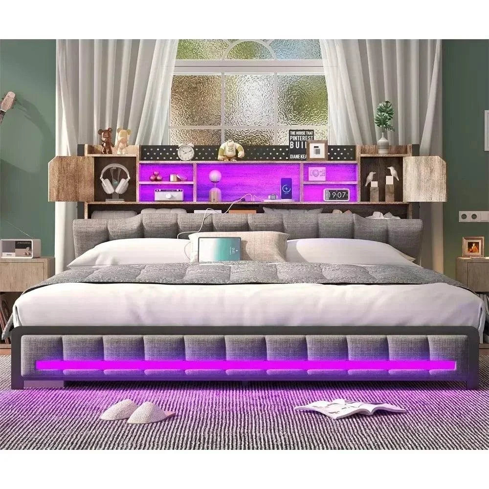 Bed Frame with 3-Tier Headboard, 2 Hidden Storage LED Lights & PlatforTransform your bedroom with this sleek bed frame featuring a 3-tier headboard for ample storage and a modern design. With built-in LED lights, you can easily create Shop All I WantShop All I WantBed Frame