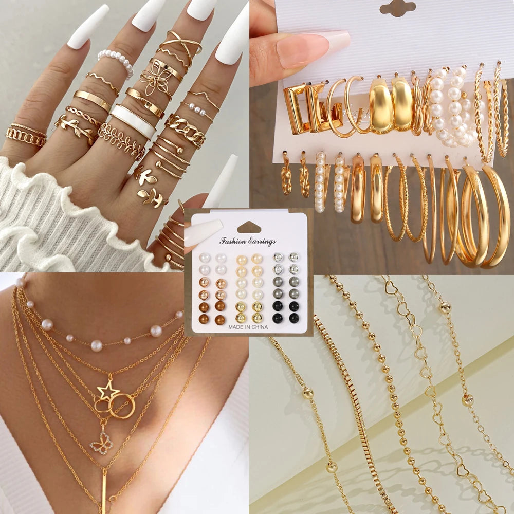 91 Pcs Fashion Metal Jewelry Set | Wide Face Earrings, Necklace & Bracelet for Women 🌟