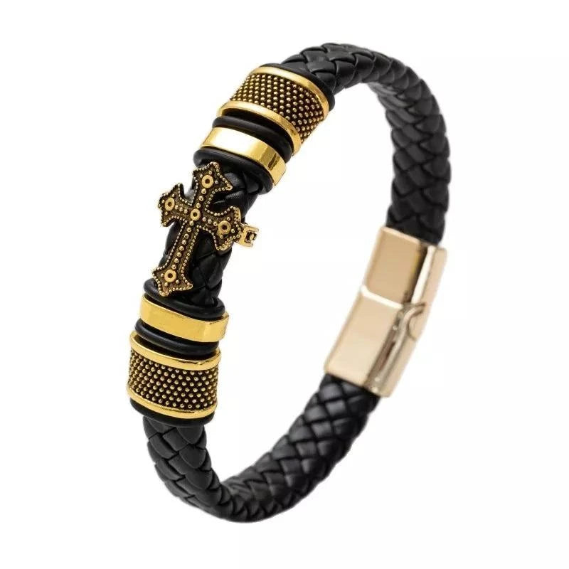 Shop All I Want A11030-Gold SHOP ALL I WANT Classic Cross Leather Bracelet for Men