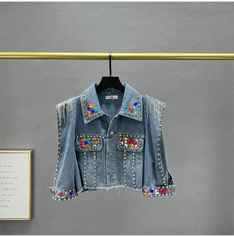 Colorful Diamond Denim Jacket: Trendy Tassel & Rivet Style! ✨