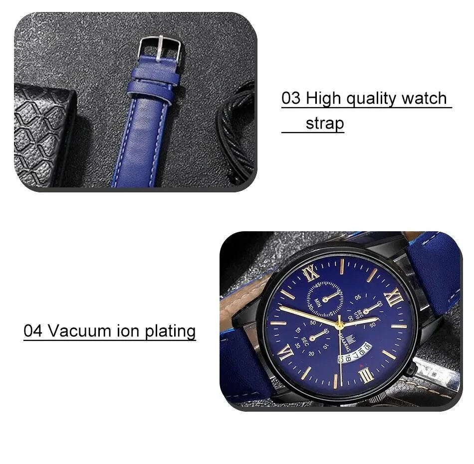 Shop All I Want Shop All I Want 🕶️ 4pcs Men's Watch Set – Fashion Leather Band, Calendar & Military Sport Quartz Watches 🎁