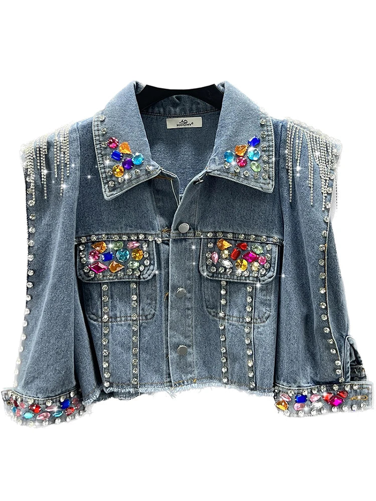 Colorful Diamond Denim Jacket: Trendy Tassel & Rivet Style! ✨