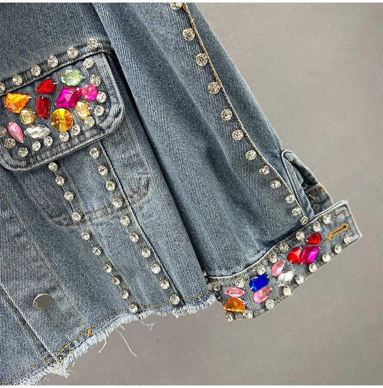 Colorful Diamond Denim Jacket: Trendy Tassel & Rivet Style! ✨