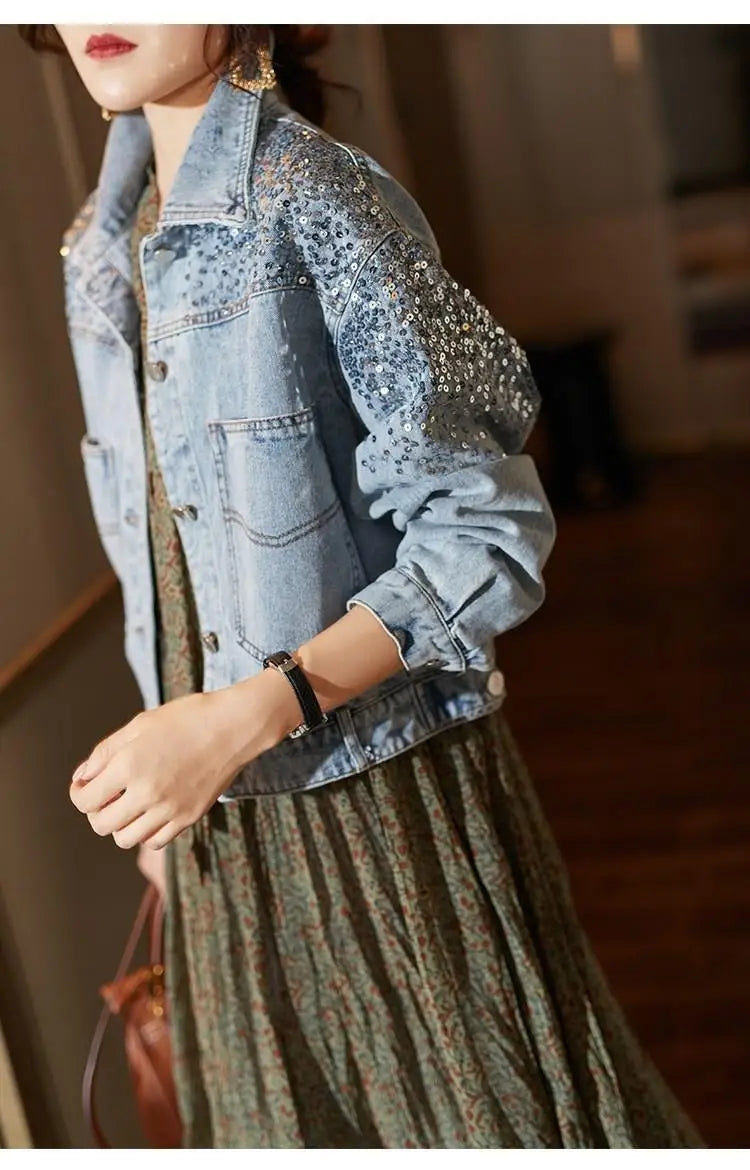 Women's Denim Coat Full Pearls & Beaded Crystal Long Sleeve Jacket 💎